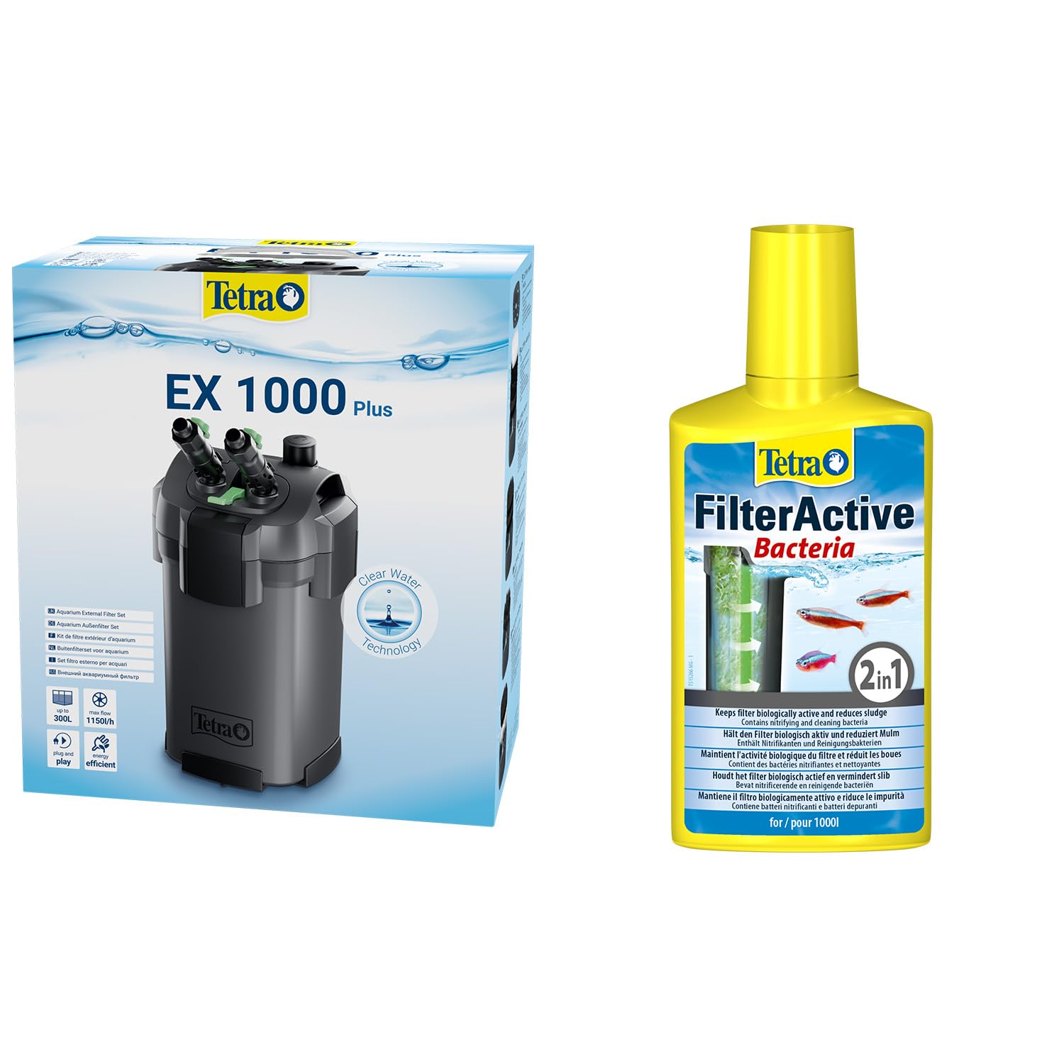 Tetra Aquarium Außenfilter EX 1000 Plus - leistungsstarker Filter für Aquarien bis 300 L + Tetra FilterActive Bacteria, 250 ml