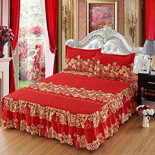 Zhiyuan Falda de cama de 2 capas con volantes de microfibra cepillada con 2 fundas de almohada King rojo y amarillo claro