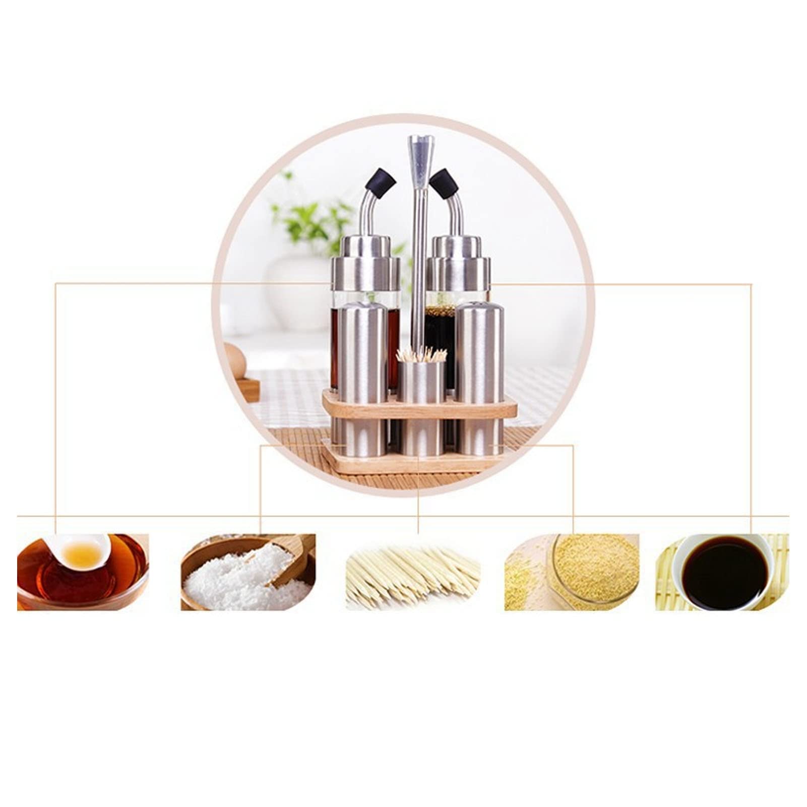 Gewürzflaschen-Set mit Holzregal, 304 Edelstahl Küchentisch-Gewürzaufbewahrung für Öl, Salz, Sojasoße und Essig, 5-teiliger Gewürzspender mit Buchenholzständer