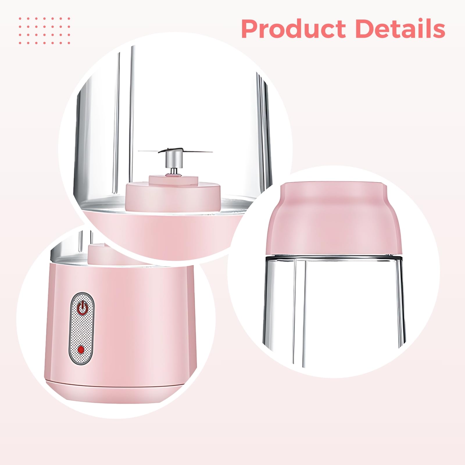 Blender portable, blender électrique pour jus rechargeable USB, capacité 300 ml, design rose, batterie 1 200 mAh, PC transparent, commande à une touche, pour la maison et les voyages