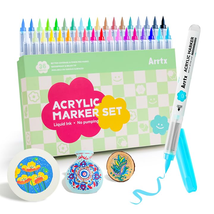 Arrtx 直液式アクリルペイントマーカー 36色セット ブラシ先端 耐水性 石絵・ガラス・木工DIY対応