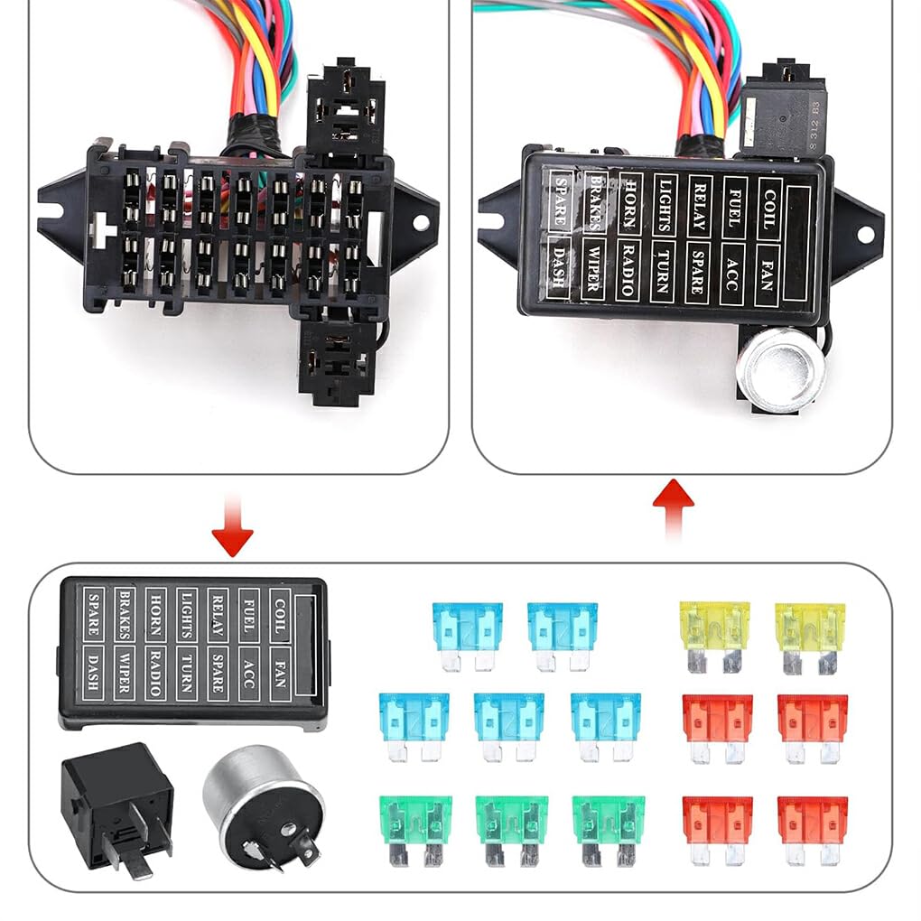 VUIUYOIES Arnés de cableado universal de 14 circuitos Arnés de cableado del automóvil Arnés de cableado de circuito Fusible Kit de arnés de cableado de fusible de 12 V Durable