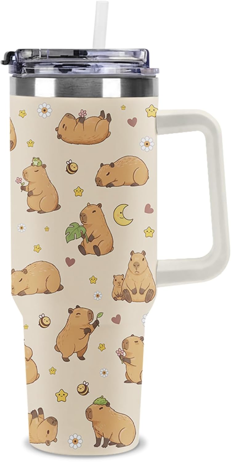 Capybara Tumbler, 40 oz Stainless Steel Tumbler with Handle and Straw, Large Capacity Insulated Travel Mug with Lid, Double Wall Vacuum Cup