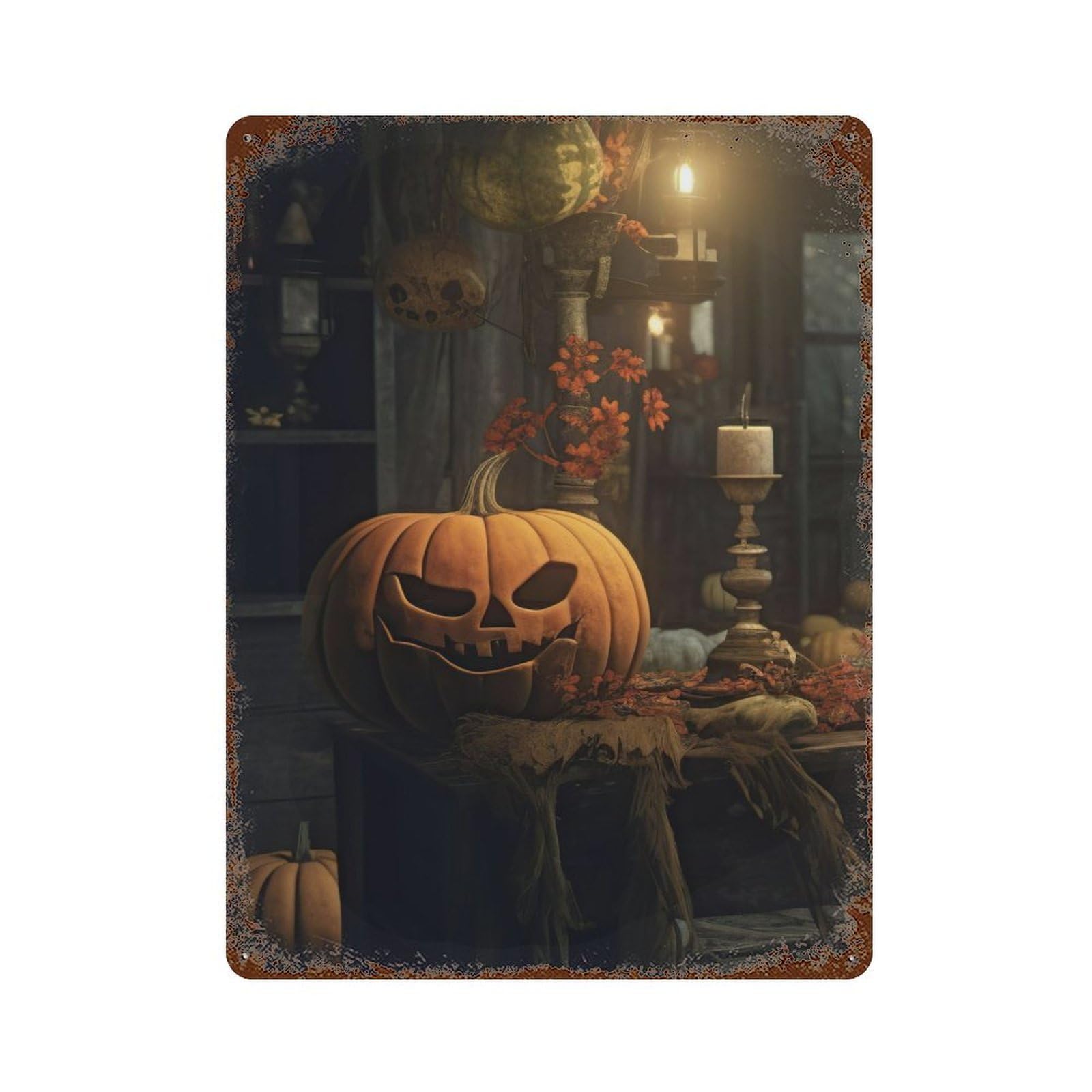 Halloween Pumpkin Decorations Rust Effect Tin Sign 15.7"x11.8", Vintage Wall Decor for Bistro, Counter And Cafe Decor