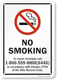 SmartSign 10 x 7 inch “No Smoking - to Report Violations Call 1-866-559-Ohio(6446) in Accordance with Chapter 3794†Ohio State Sign, Digital Printing, 55 mil HDPE Plastic, Red, Black and White