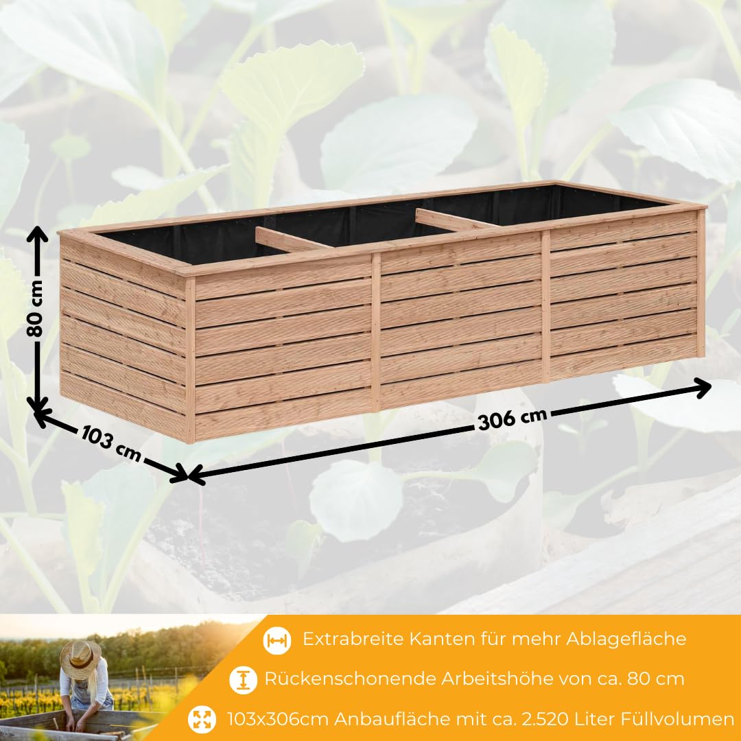 Hochbeet JACQUES XXL Aus Lärche – 305x103x80 Cm, 2.500 Liter, Mit Pflanzenvlies
