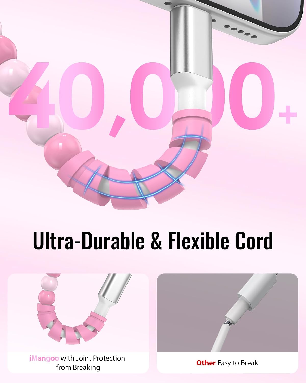 iMangoo 6 ft USB C Cable Beaded Charging Cord Pink image 3