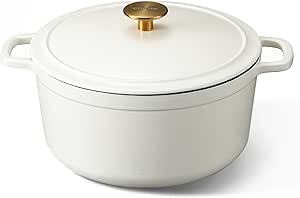 CAROTE Cast Iron Dutch Oven Pot with Lid, Enameled Dutch Oven for Sourdough Bread Baking, Dual Handles, Heavy-Duty Cast Iron Pot, 5QT, White