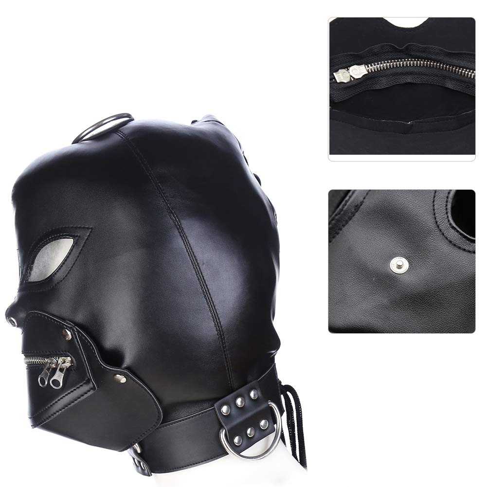 Roluck Máscara de Cuero con Cremallera y Cerradura Bondage SM Máscara de Cabeza para Hombres Mujeres Ajustable Fetiche Juguetes Sexuales, Aberturas Máscaras para Carnaval Halloween