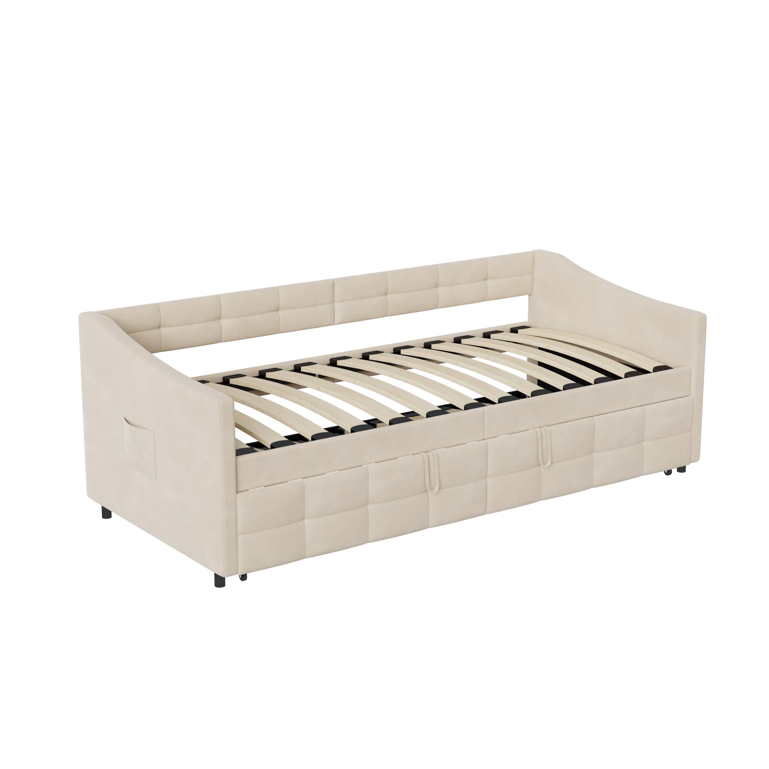 Sofá cama Convertible 90 x 200 cm con cama nido y sofá cama de 2 plazas con somier de láminas, marco de cama acolchado para adolescentes adultos, terciopelo, sin colchón (Beige 3)