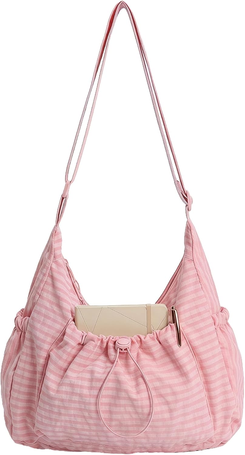 Plaid Purse Bag for Women, Nylon Hobo Crossbody Gingham Bags with Zipper, Slouchy Everyday Bag with Adjustable Shoulder Strap