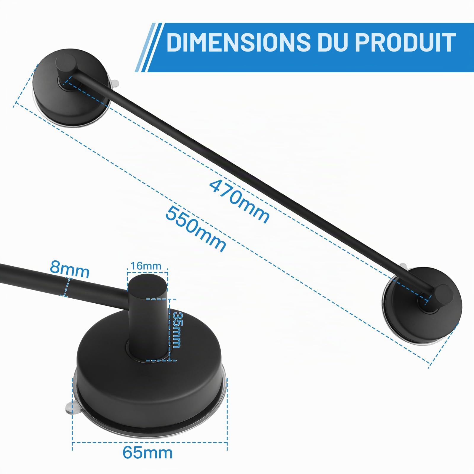 LALAGO 55cm Porte-Serviettes à Ventouse 304 Acier INOX Crochets à Ventouse sans Percer, Barre Porte-Serviettes de Salle de Bain étanche à Vide Capacité de Charge 5KG/PC Noir pour Paroi de Douche