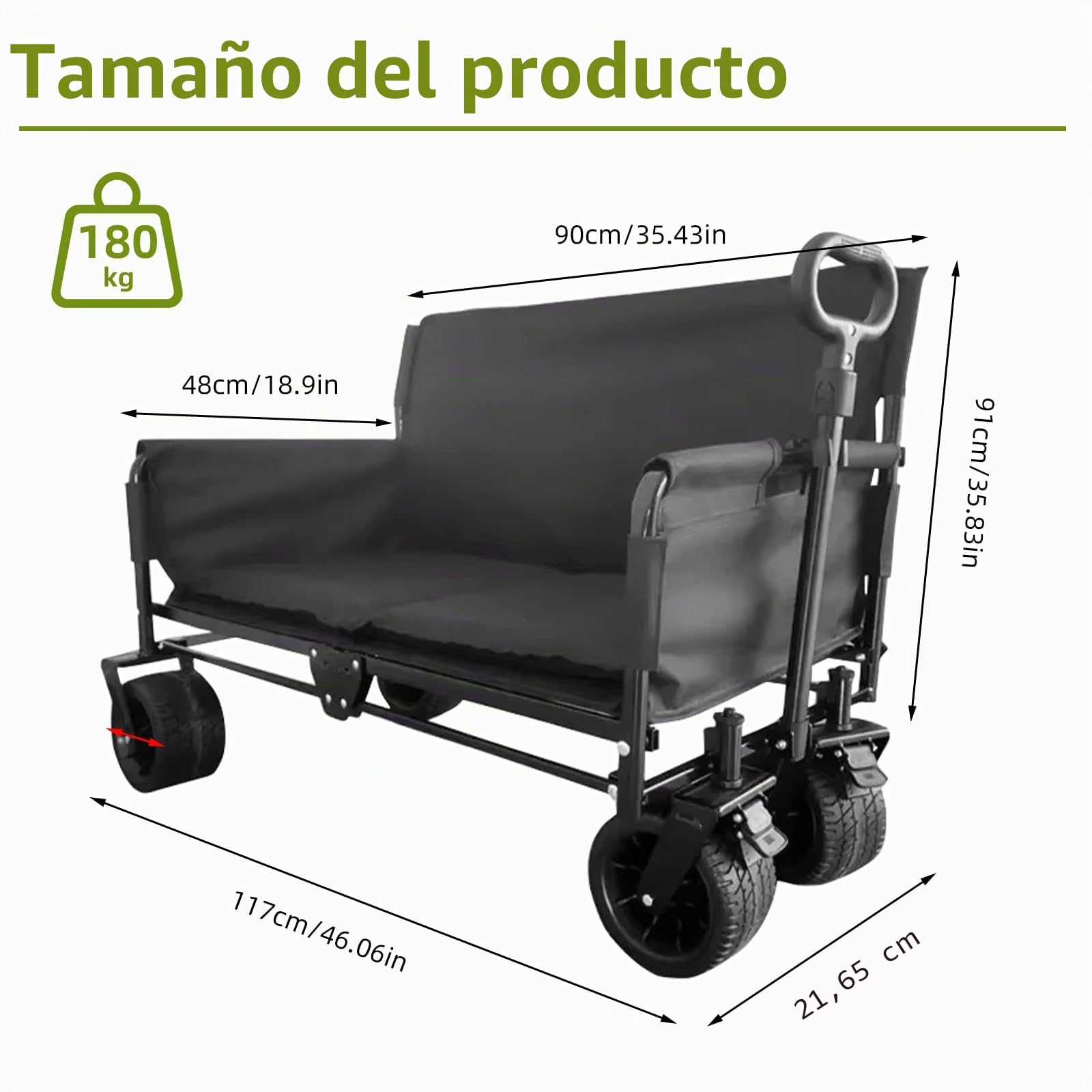 Carro Playa Plegable con Ruedas 2 en 1, Carrito de Transporte con Asiento Sofá, Carretilla de Jardín Robusta Carga 150kg, Gran Capacidad 180L, Trolley Todoterreno para Camping y Pesca