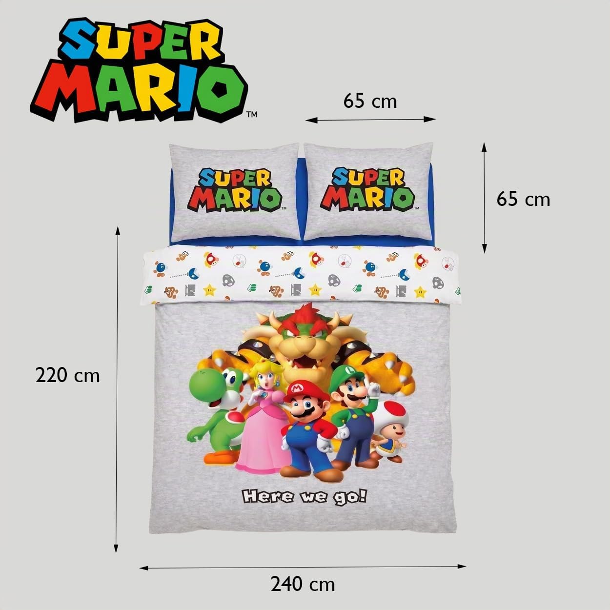 Super Mario Funda Nórdica Cama 150 240x220 + 2 Fundas Almohada Reversible | Ropa de cama 2 personas | Microfibra ultra suave secado rápido | Mario Luigi Peach Yoshi Bowser Toad | 2 diseños | Regalo