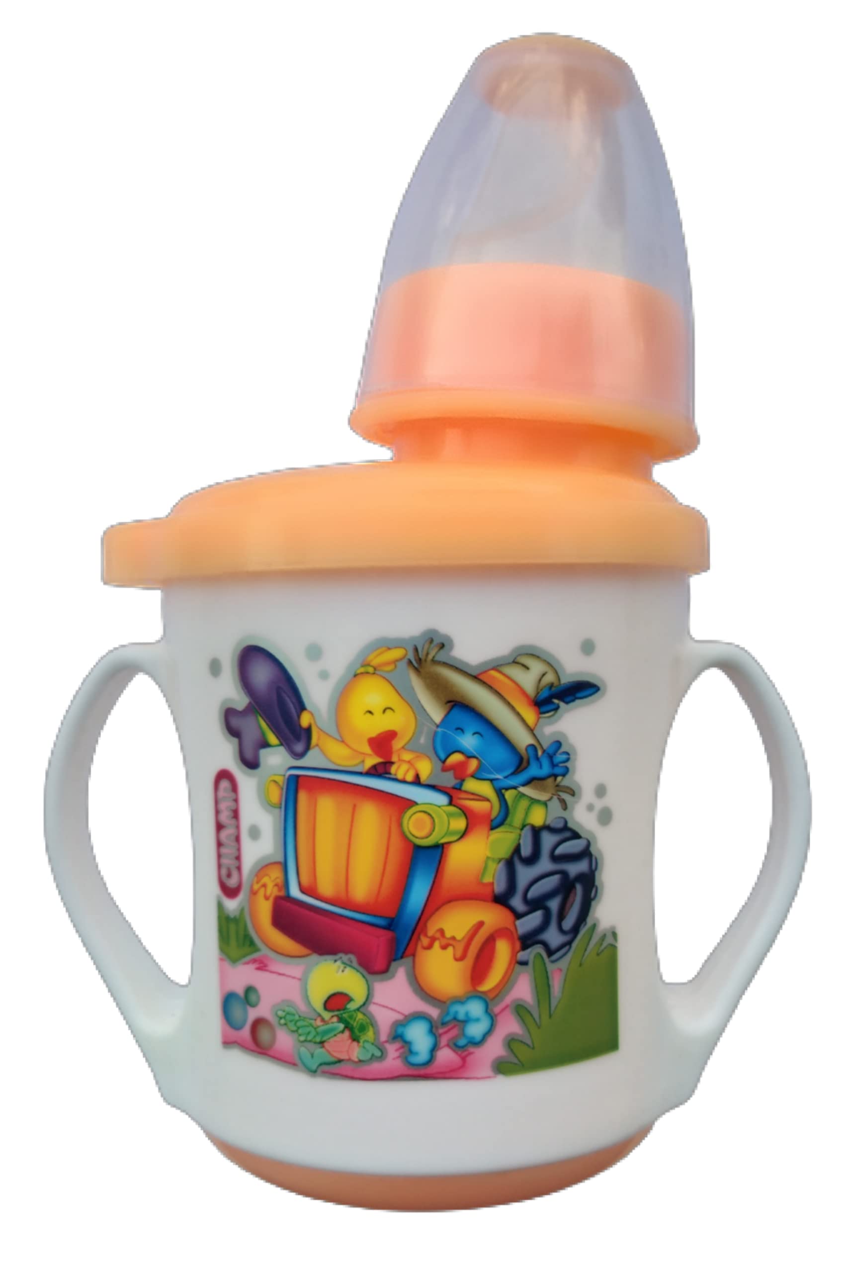Enorme Babies Plastic Sippy/Sipper Ample Cup with Sipper Corver and Doodle Twin Handle Orange 175 ml