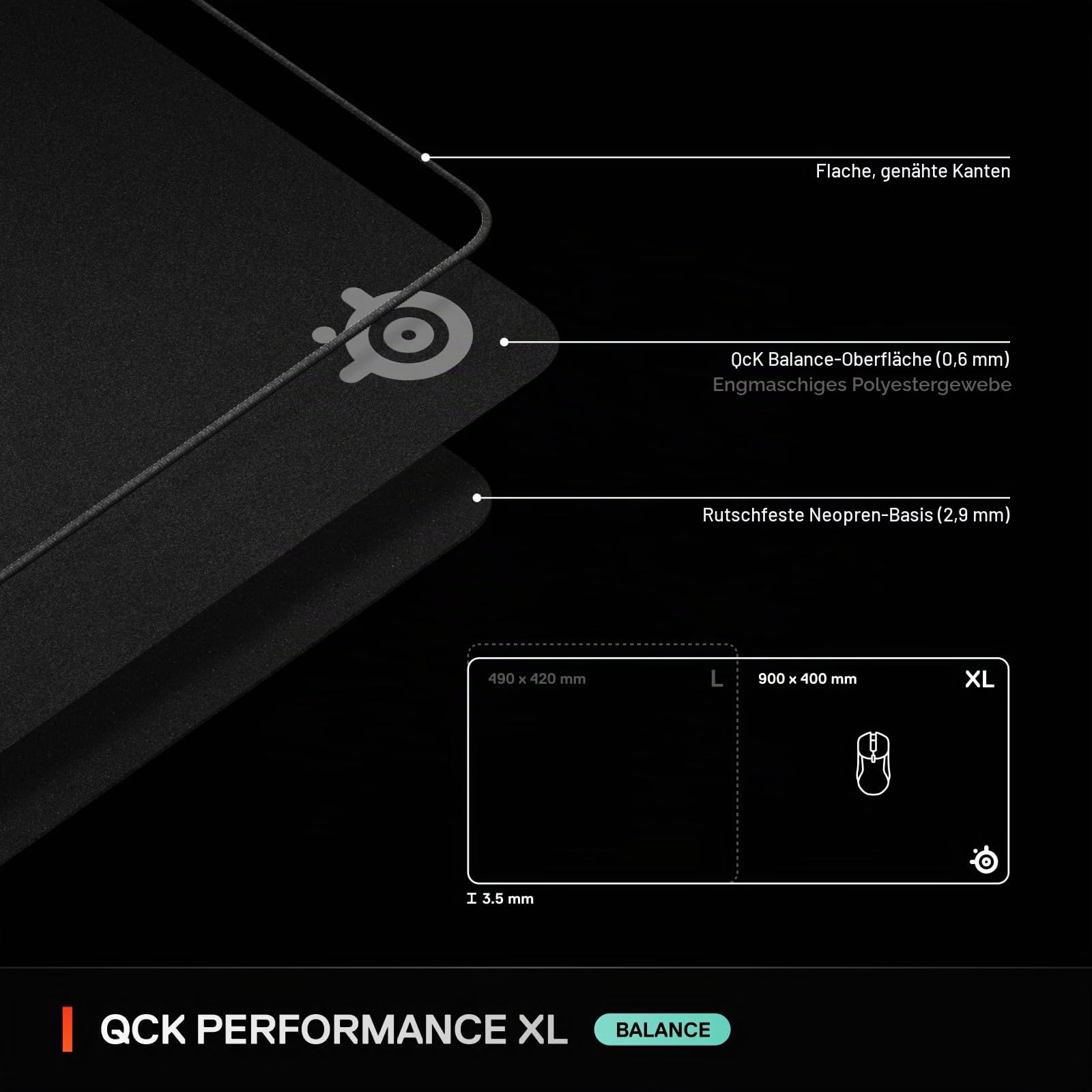 SteelSeries QcK XL Gaming-Mauspad Performance Balance 40 x 87,5 cm rutschfeste Neopren-Gummiunterseite