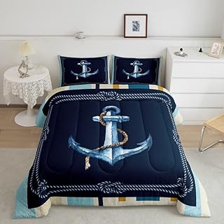 Nautical Bedding Set Watercolor Anchor Decor Comforter Set for Kids Boys Girls Teens Room Decor Ocean Coastal Comforter Sea Adventure Duvet Set 3Pcs Queen Size
