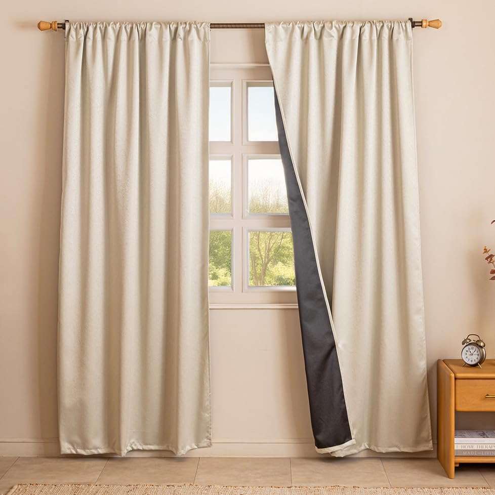 Image of HOMEMONDE 100% True Blackout Curtains 9 Feet Long Door - Pack of 2 Curtains, Embossed Panels Light Block Thermal Insulated & Noise Reducing Top Style Rod Pocket Curtains (Abstract Off White, 108Inch)