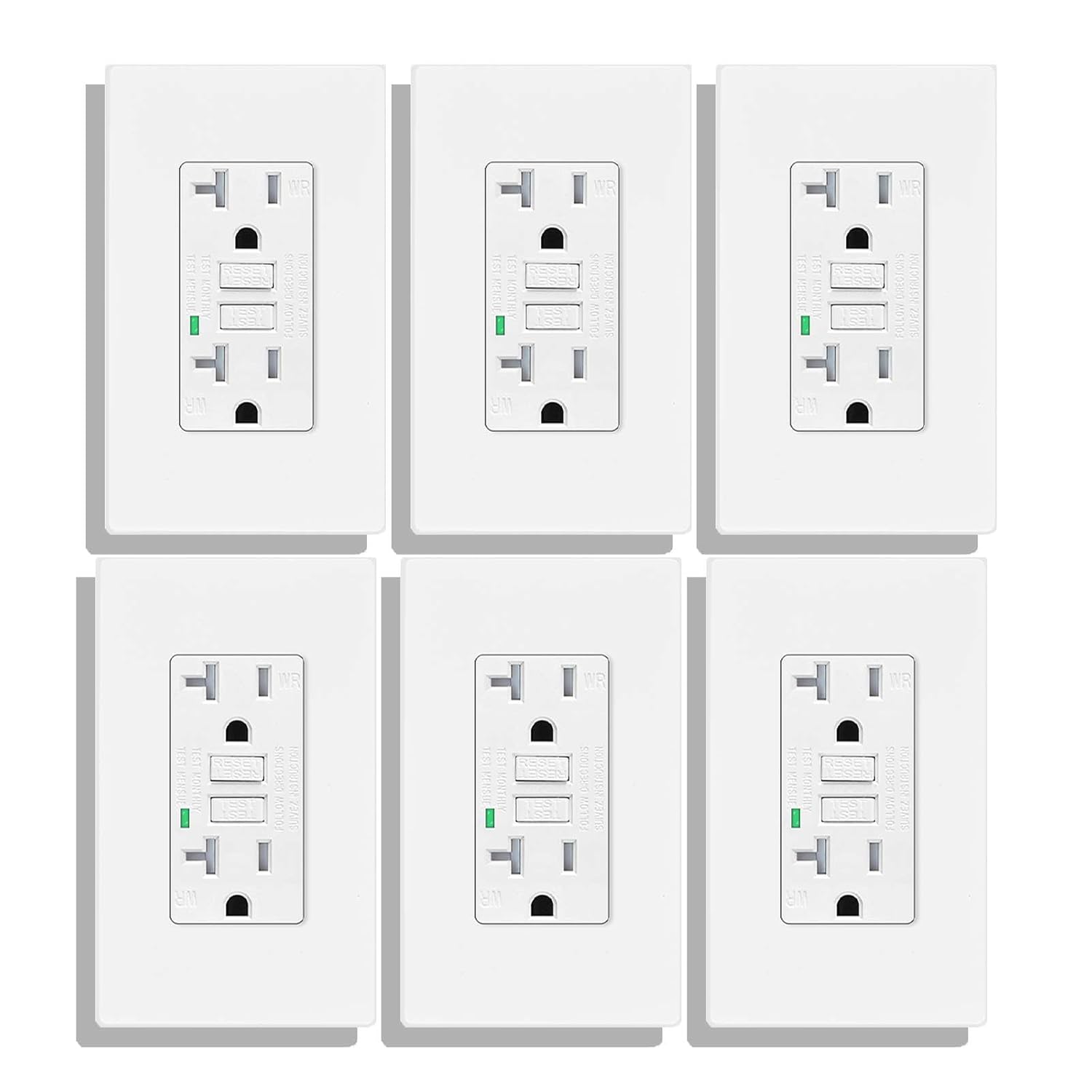 GFCI 20 Amp 6 Pack,Greencycle 20A Self Testing GFCI Outlet Hospital Grade,Heavy Duty Outdoor Gfi Electrical Outlet 20 Amp White,GFCI Wall Plug with LED Indicator Indoor/Outdoor,Residential Grade,ETL