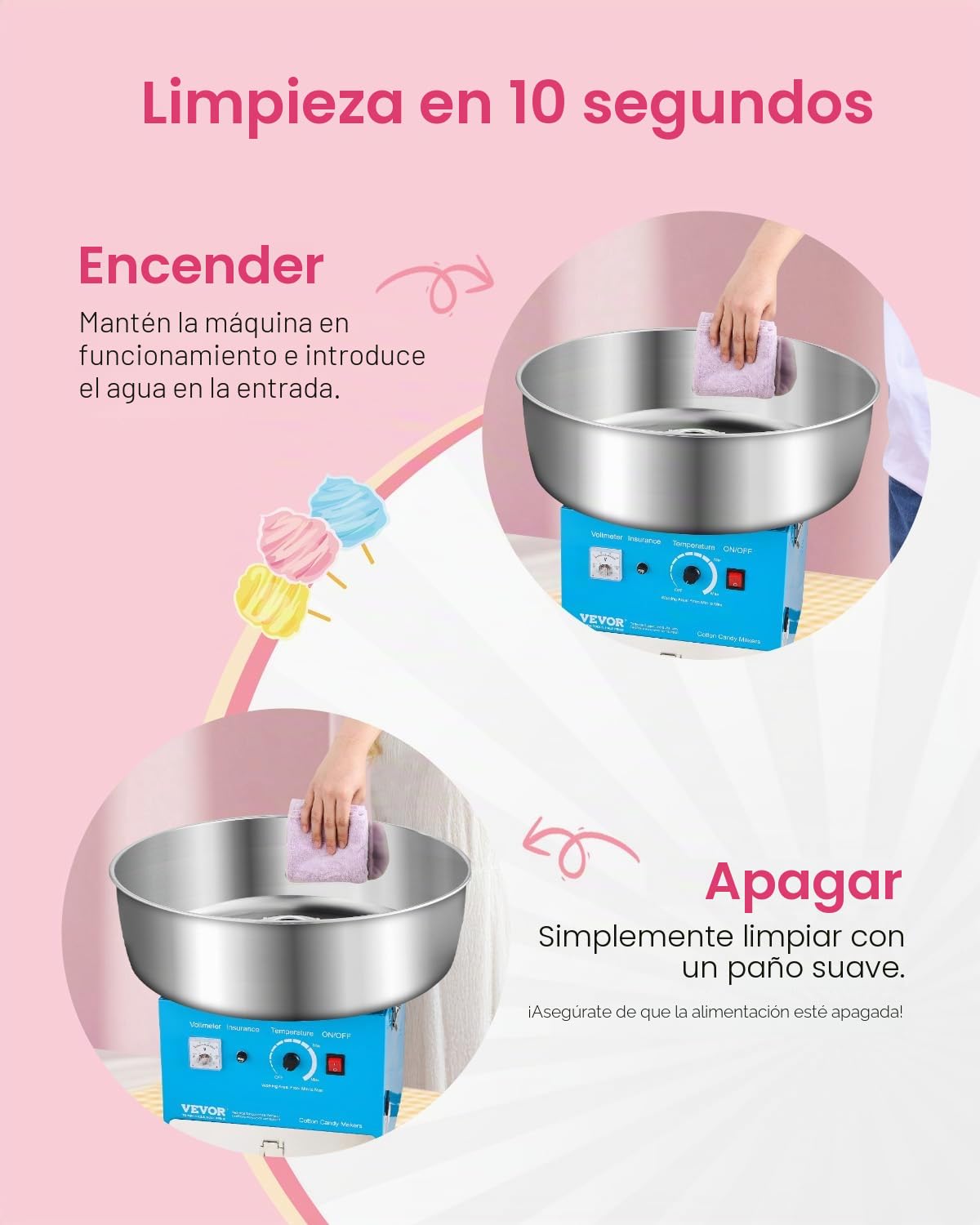 VEVOR Máquina Eléctrica para Hacer Algodón de Azúcar, 1000 W, con Recipiente Acero Inoxidable de 52 cm, Cuchara para Azúcar y Cajón, para Cumpleaños y Fiestas Familiares, Azul, 520 x 520 x 447 mm