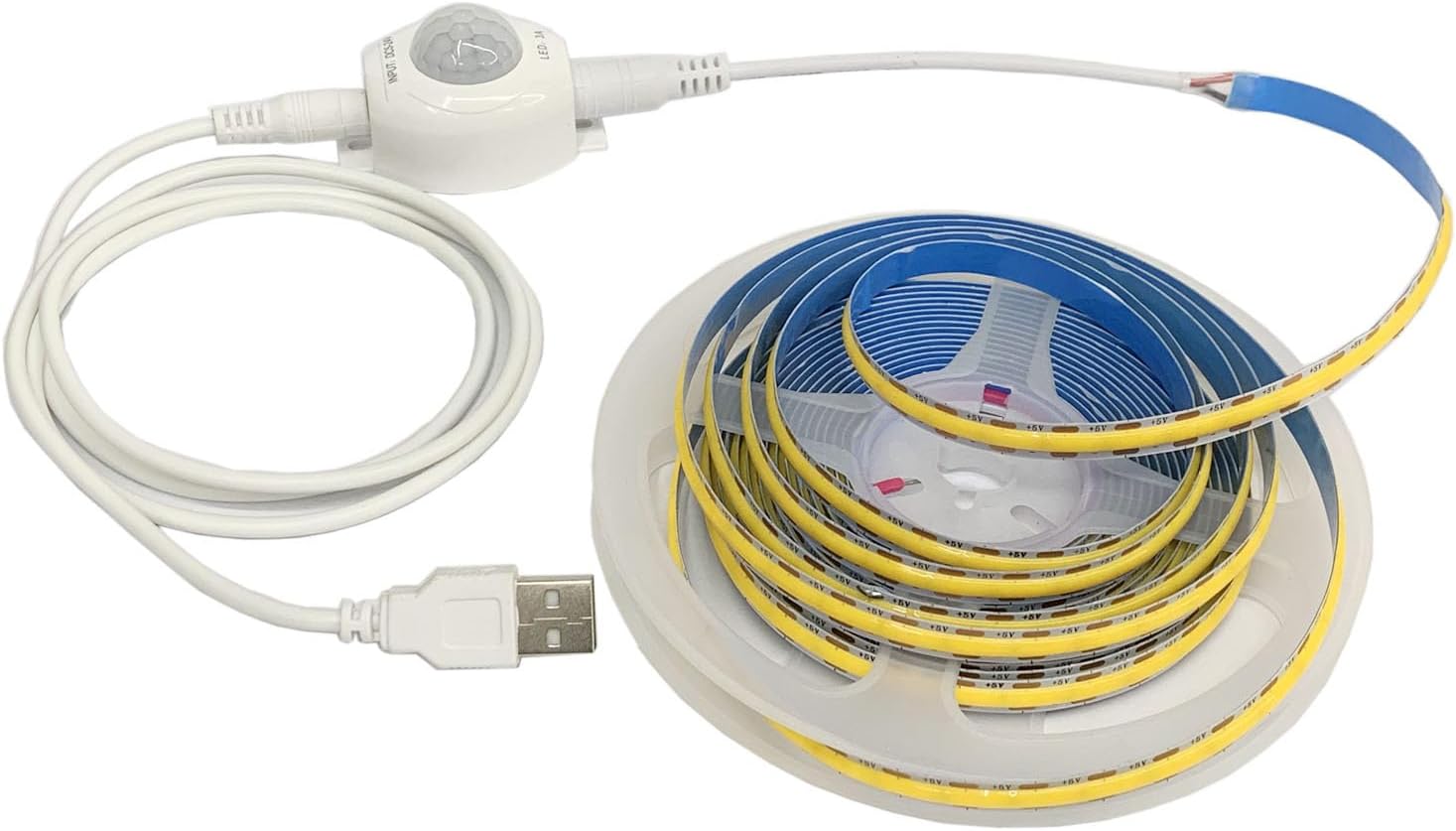USB 5V COB LED Strip Light with Sensitive PIR Motion Sensor Delay Time Adjustable for Bedroom,Kitchen, Wardrobe, Stair Lighting (Cold White, 3M)