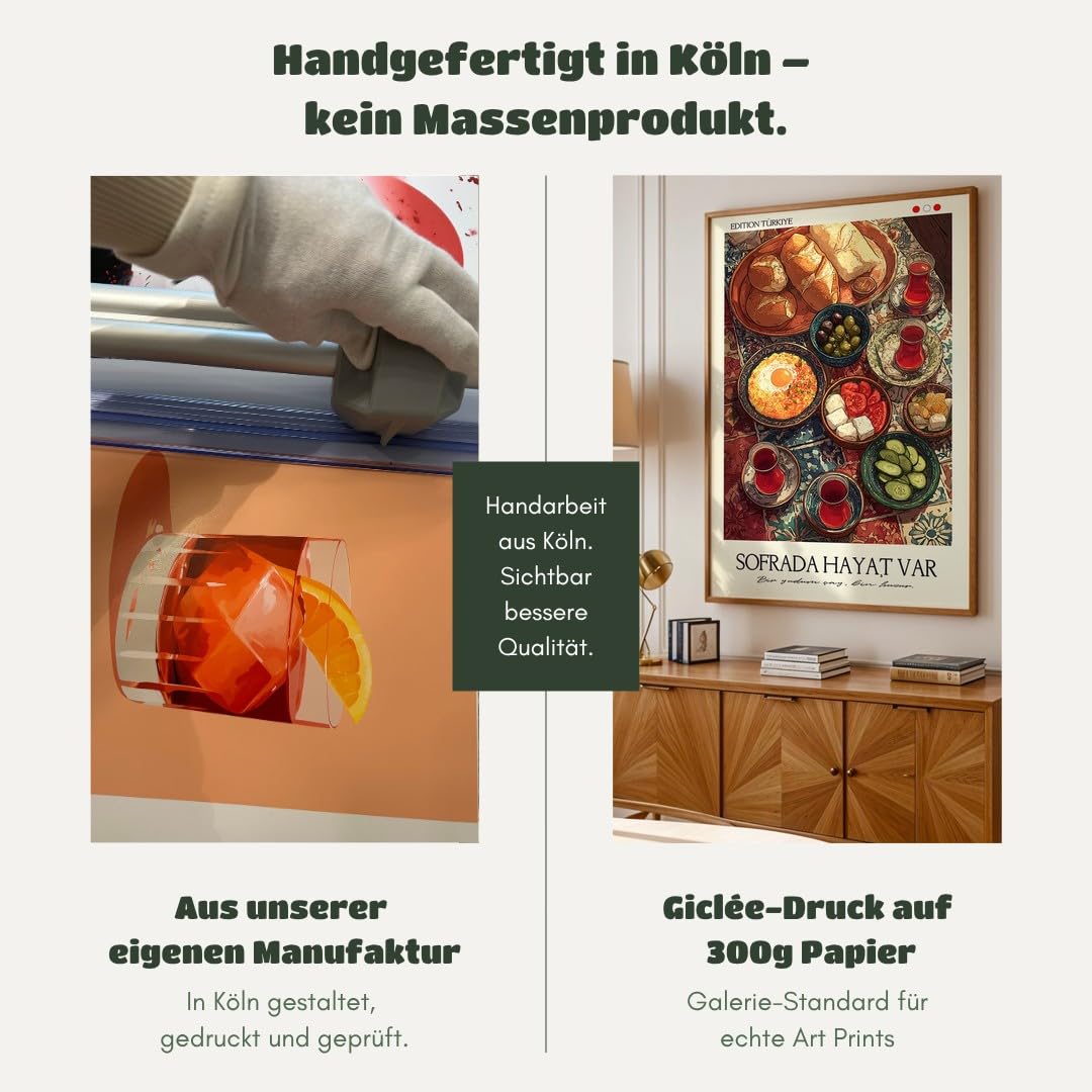 MJ-GRAPHICS® Poster Frühstück Wandbild türkei Farbenfrohes Kunstdruck traditionell Deko lebendig Küche orientalischer Stil Bild Frühstückstisch maximiere Genuss A2 mit weißem Rahmen