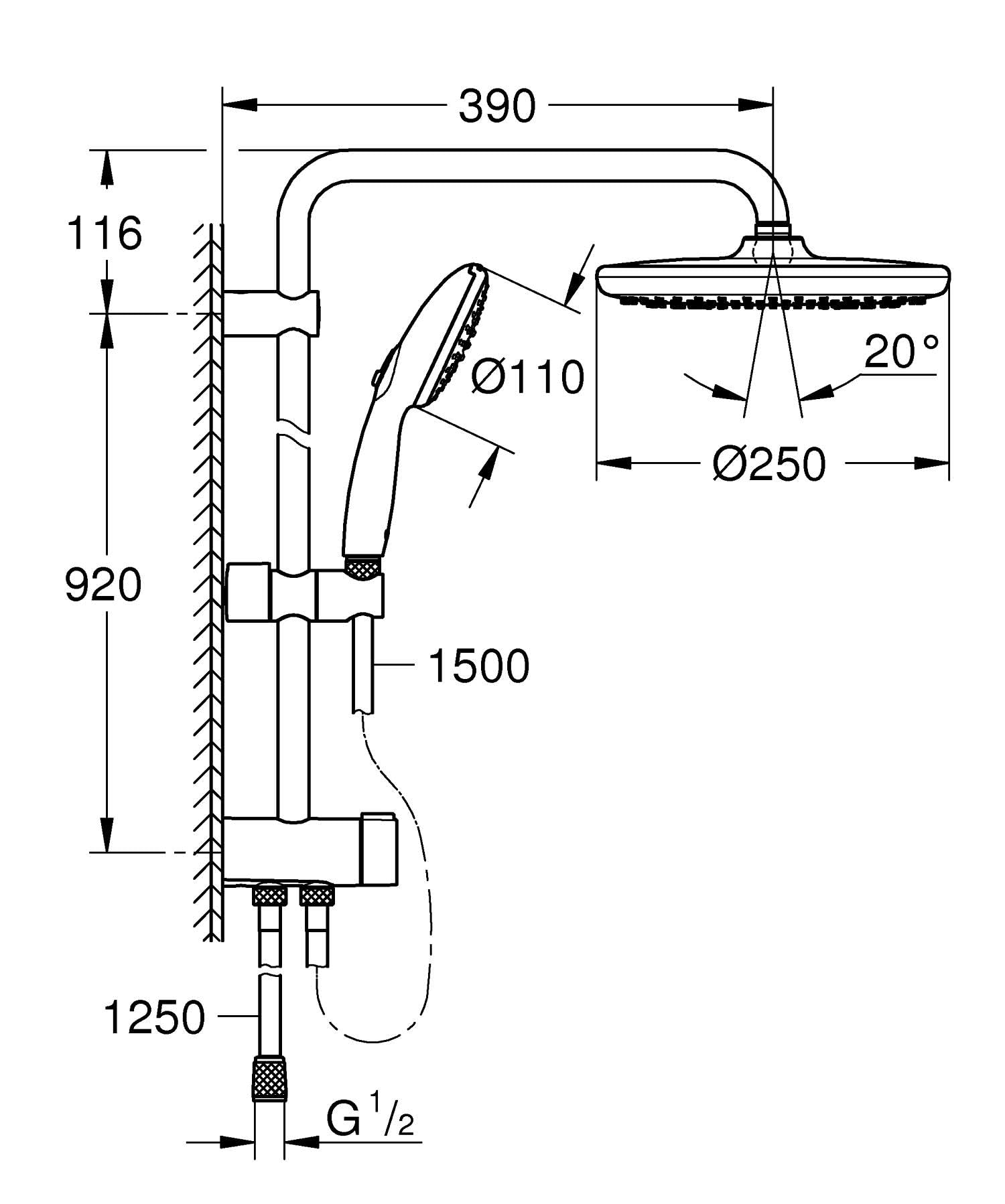 Grohe 26989001 Vitalio 250 system prysznicowy z przełącznikiem, oszczędność wody 8 l na min (do istniejących armatur, 2 rodzaje strumienia, bardzo duży drążek prysznicowy 104 cm), okrągły, chrom,