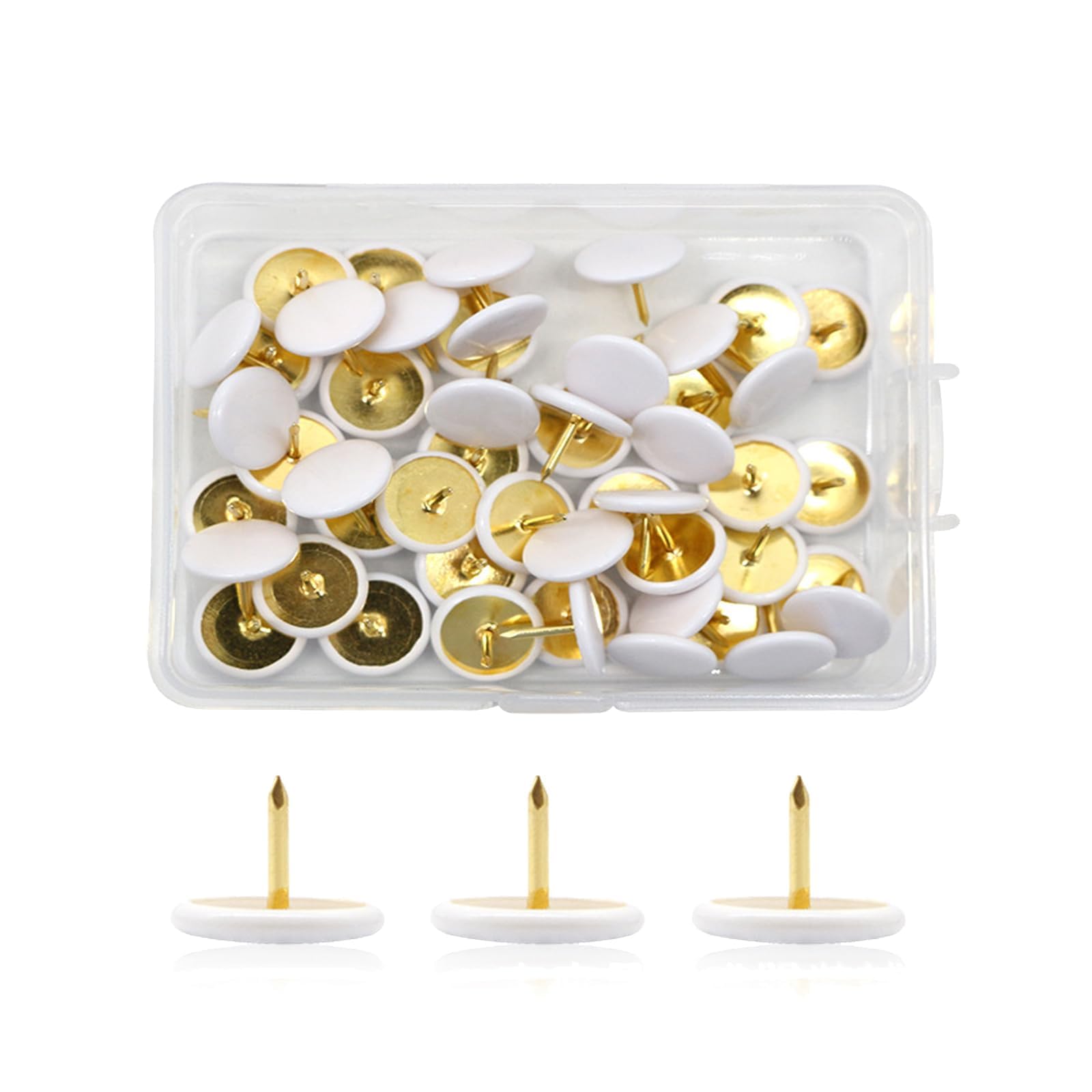 Lunpog White-100Pcs 100 Pcs White Drawing Pins, Round Head Thumbtacks, Metal Push Pins With Storage Box Gold Steel Tip Flat Lap Pins For Pinboard, Bulletin Board, Office, Home