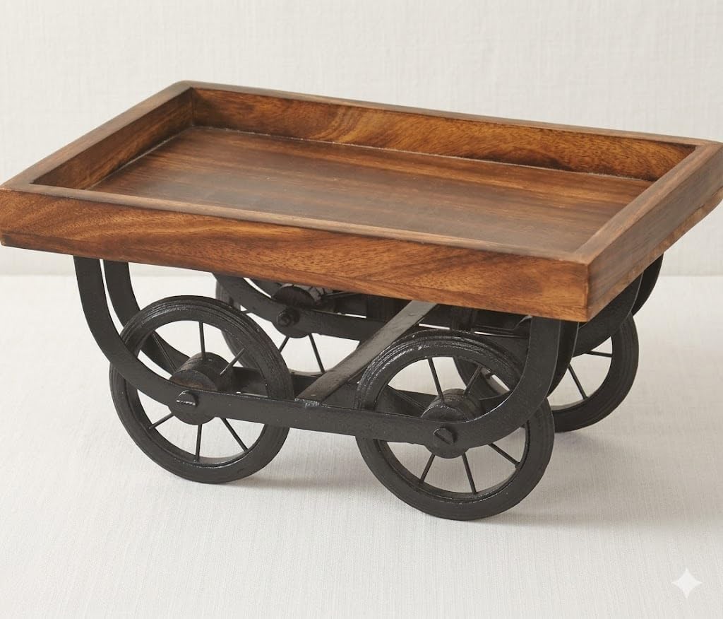 Rustic Wooden Tray on Iron Wheel Cart, Vintage Industrial Style, Brown and Black-image-33