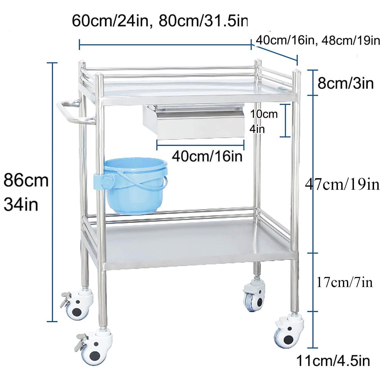 Carro médico de acero inoxidable de 2 niveles, carro rodante de laboratorio con 2 estantes y 1 cajón, mesa de trabajo de acero inoxidable con ruedas, para restaurante, almacén, hogar, cocina, garaje y