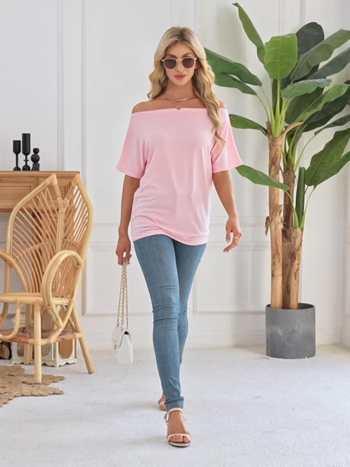 Off the Shoulder Tops for Women Short Sleeve Batwing Shirts Oversized Tee Tunic Summer Casual Loose Fit - Image 2