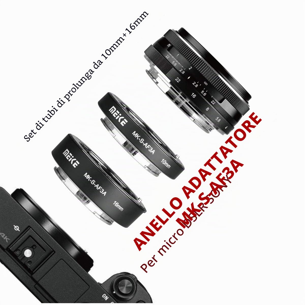 Meike MK-S-AF3A Anello adattatore tubo di prolunga macro per messa a fuoco automatica in metallo per Sony E-Mount FE-Mount A7 NEX Mirrorless Fotocamera A7 A7M2 NEX3 NEX6 NEX7 A5100 A6000 A6300 A9