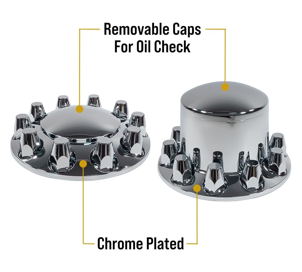 Mytee Products Complete Wheel Chrome Axle Cover Set - 33mm Threaded Lug Wheel Nut Covers for Semi Truck, Frightliner, Volvo - Removable Hub Caps Kit (2 Front & 4 Rear)