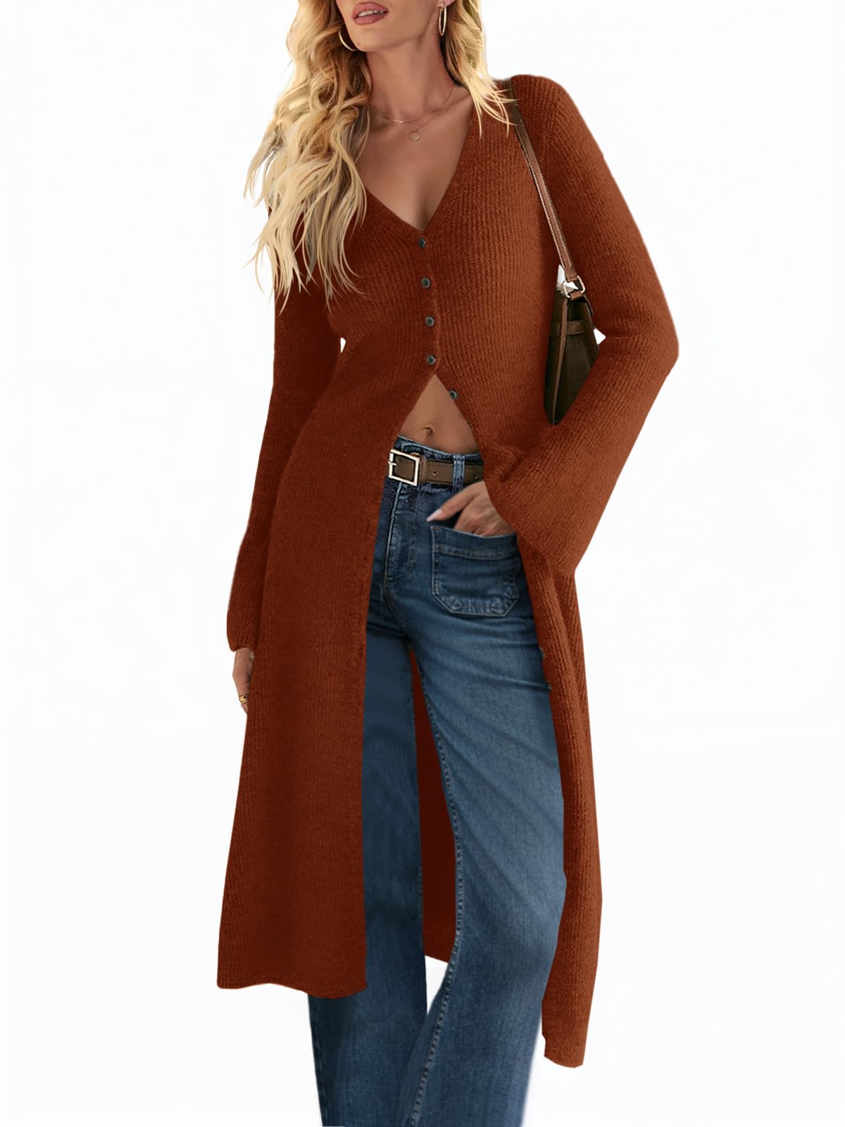 Saodimallsu Womens Long Cardigan Sweaters Oversized Bell Sleeve Open Front Button Down Casual Knit Fall Midi Dress