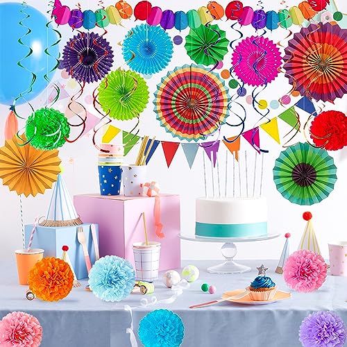 Image of Fiesta Party Decorations Set 33Pcs, Multi-Color Cinco De Mayo Hanging Paper Fans, Paper Pom Poms, Pennant, Garland String and Banner for Fiesta, Cinco de Mayo, Birthday, Wedding or Mexican Party