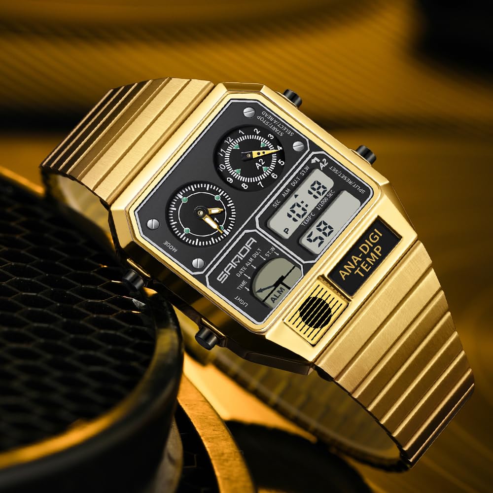 MASTOP Quadratische Retro-Digitaluhr mit Temperaturanzeige, Unisex, 19,1 cm, analog, 3 Zeitzonen, leuchtende Hintergrundbeleuchtung, 50 m wasserdicht, Wecker, Stoppuhr, Woche/Datum, Goldweiß