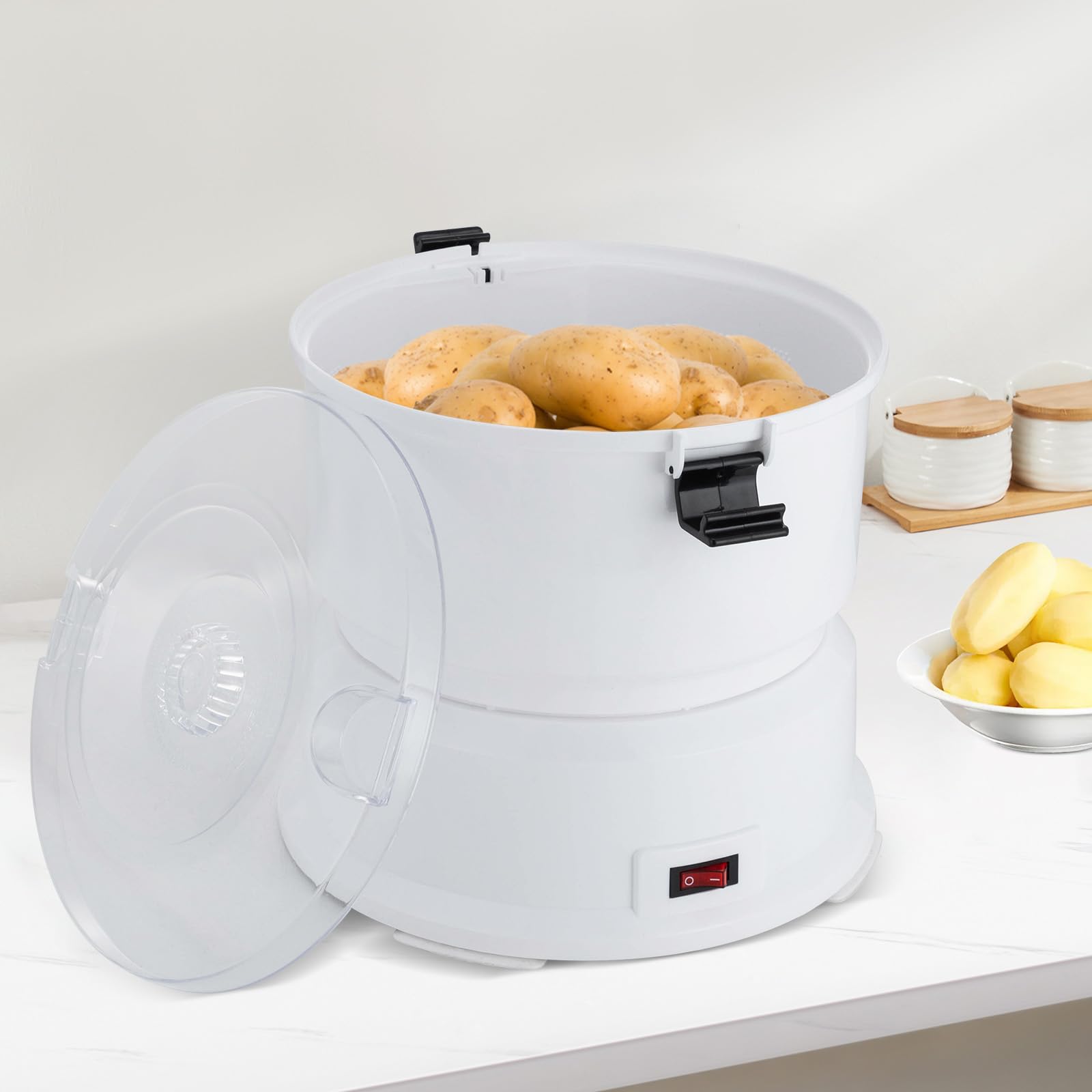 Pelador eléctrico de patatas de 85 W, moderno pelador de patatas de acero inoxidable con cuchillas de acero inoxidable, base antideslizante, sistema de manejo de un botón, ideal para verduras