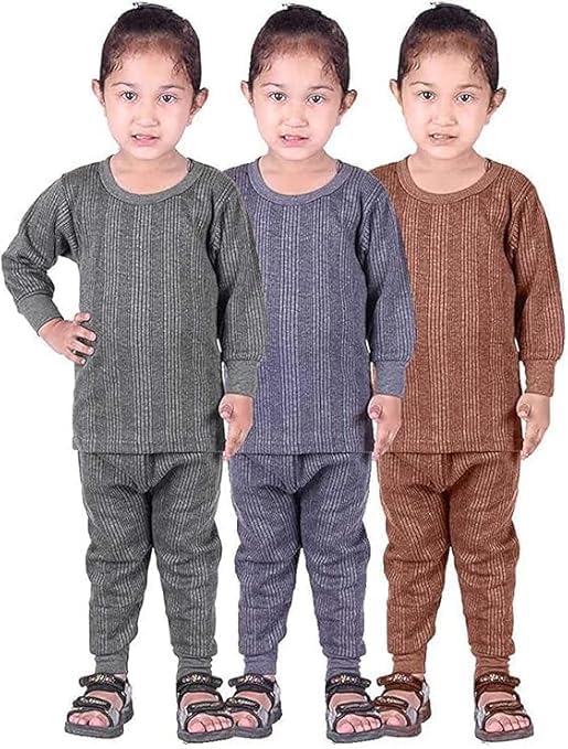Image of Woollen Thermal Set Unisex Kids Winter Wear Innerwear Top & Full Pant Warmer Combo for Girls Boys, Body Warmer (Inner and Pyjama) Pack of 3