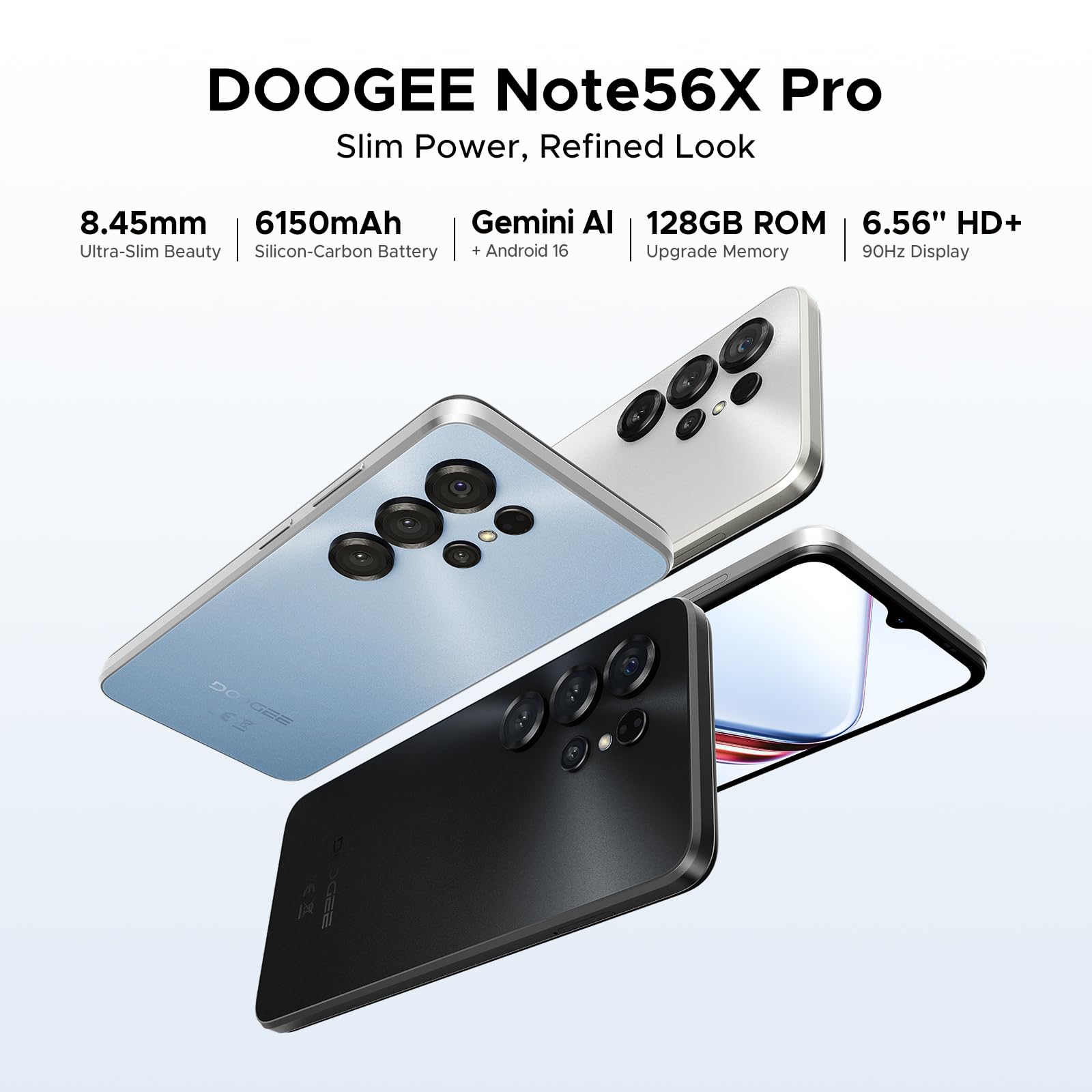 DOOGEE NOTE 56X PRO Android 16 Smartphone, 6150mAh Batteria, UNISOC T7225 Telefono, 6.56"HD+90Hz Display, 32GB+128GB, 13MP+8MP Cellulare, NFC/Widevine L1/Face Unlock/Side Fingerprint Recognition, Nero
