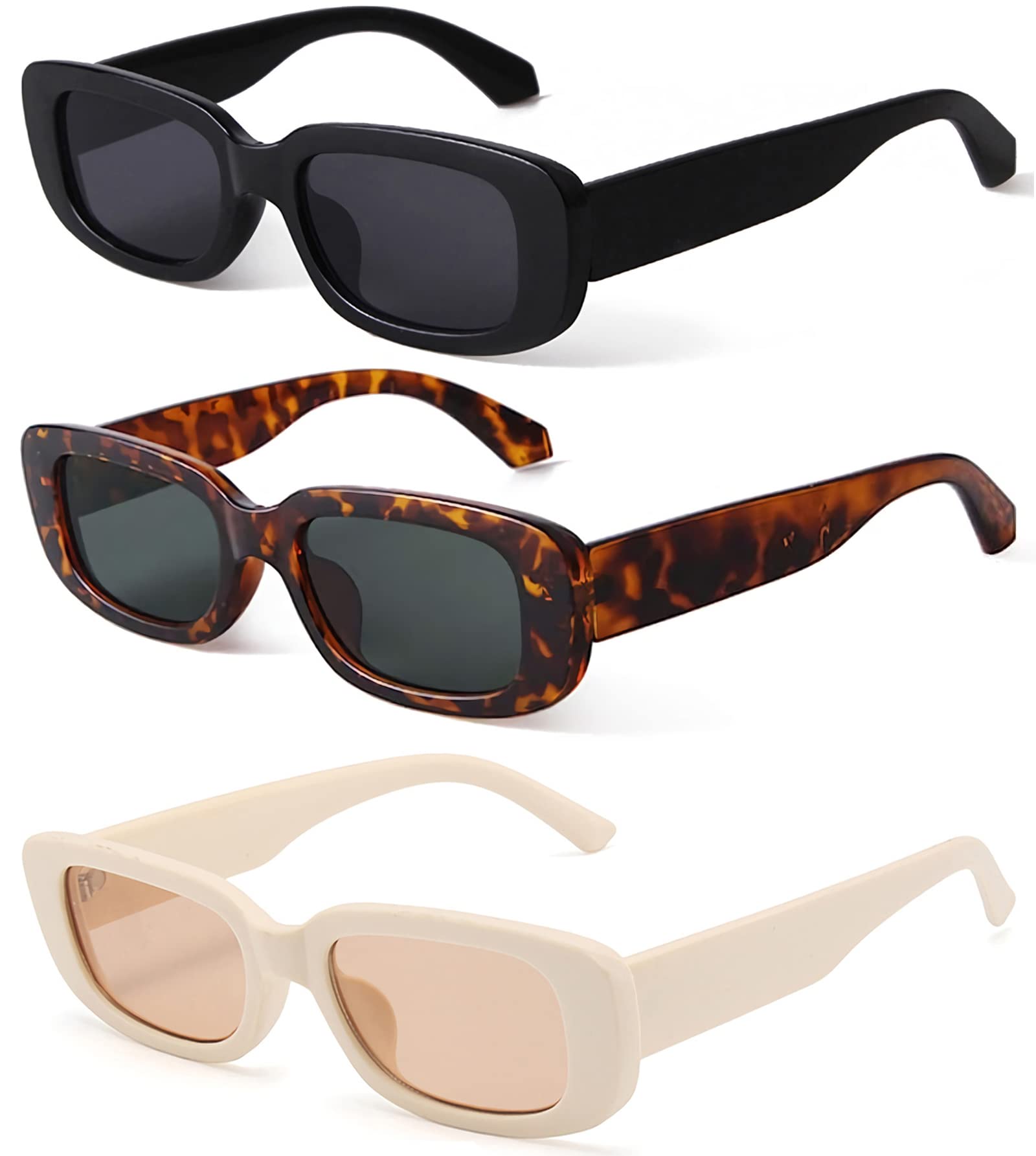 KUGUAOK 3 PACK Retro Rectangle Sunglasses Women and Men Vintage Small Square Sun Glasses UV Protection