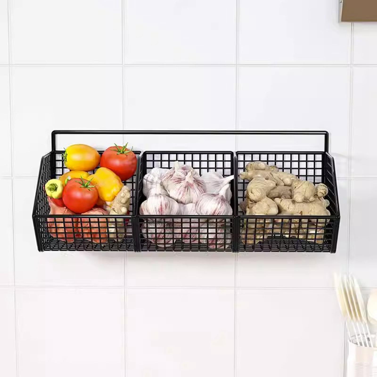 Cesta de frutas de metal rústica montada en la pared, alambre de 3 niveles para cocina, baño y sala de estar, elegante solución de almacenamiento, decoración decorativa del hogar