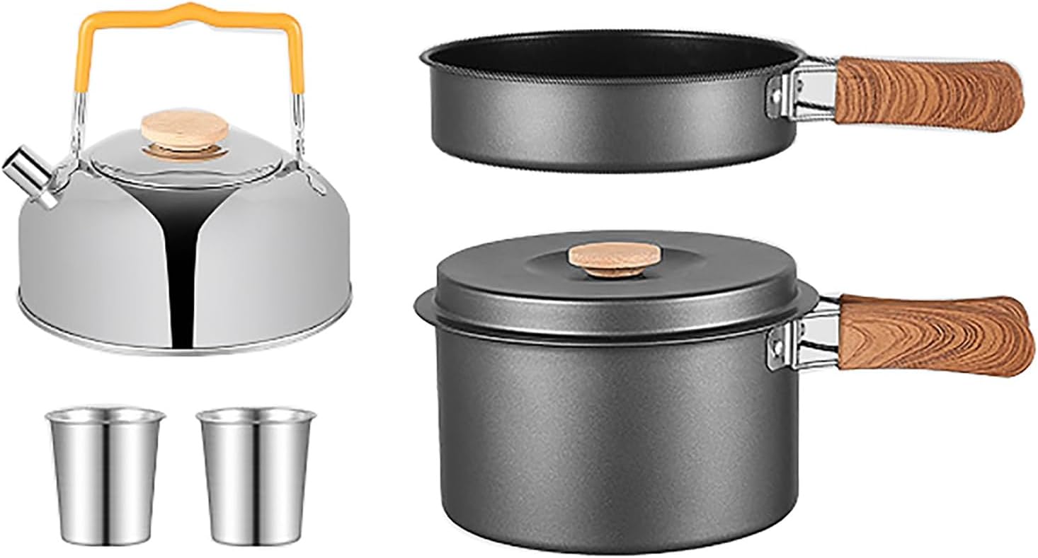 5 Pieces Camping Cookware Set, Outdoor Camping Pan, Folding Handle Camping Pot Pan and Kettle for Home Mountaineering