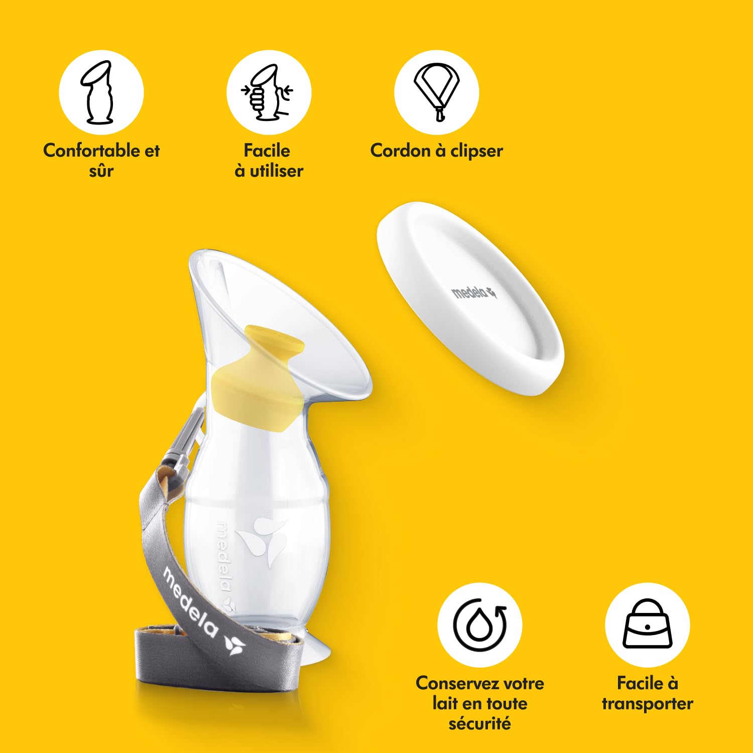 Medela recueil lait maternel en silicone pour les mères qui allaitent, économiseur de lait avec une base à ventouse et un couvercle pour le stockage, conçu pour l'allaitement quotidien