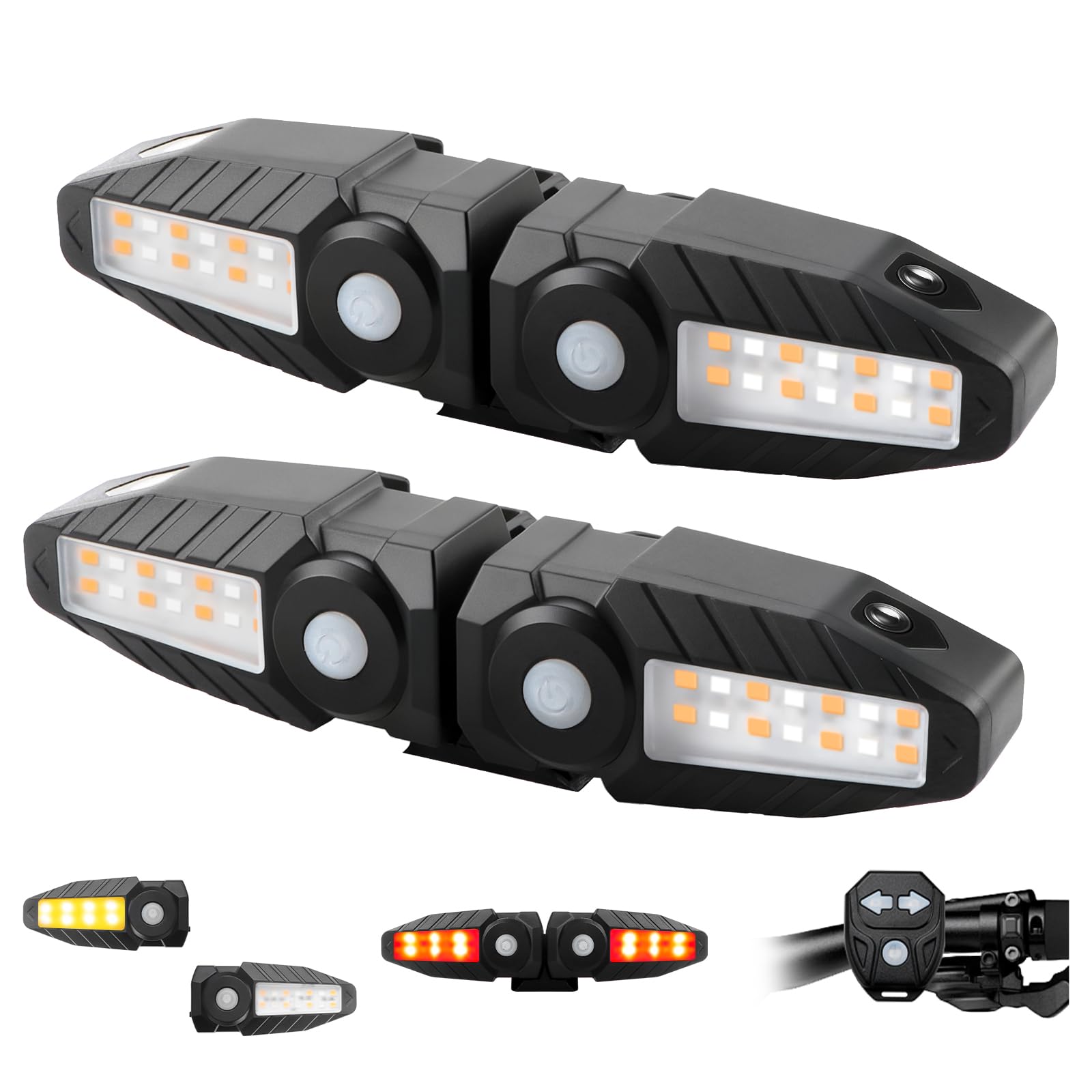 4 X Indicatori di direzione per bici con proiettore 5 modalità Fanale posteriore per bici ricaricabile tramite USB, telecomando Indicatore per bicicletta diviso anteriore e posteriore