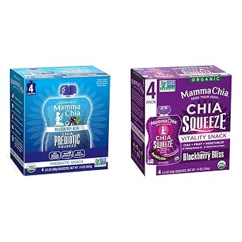 Mamma Chia Organic Prebiotic Squeeze Snack, Blueberry Acai, Pack of 24 & Squeeze Organic Vitality Snack, Blackberry Bliss, 4 Count Pack of 6