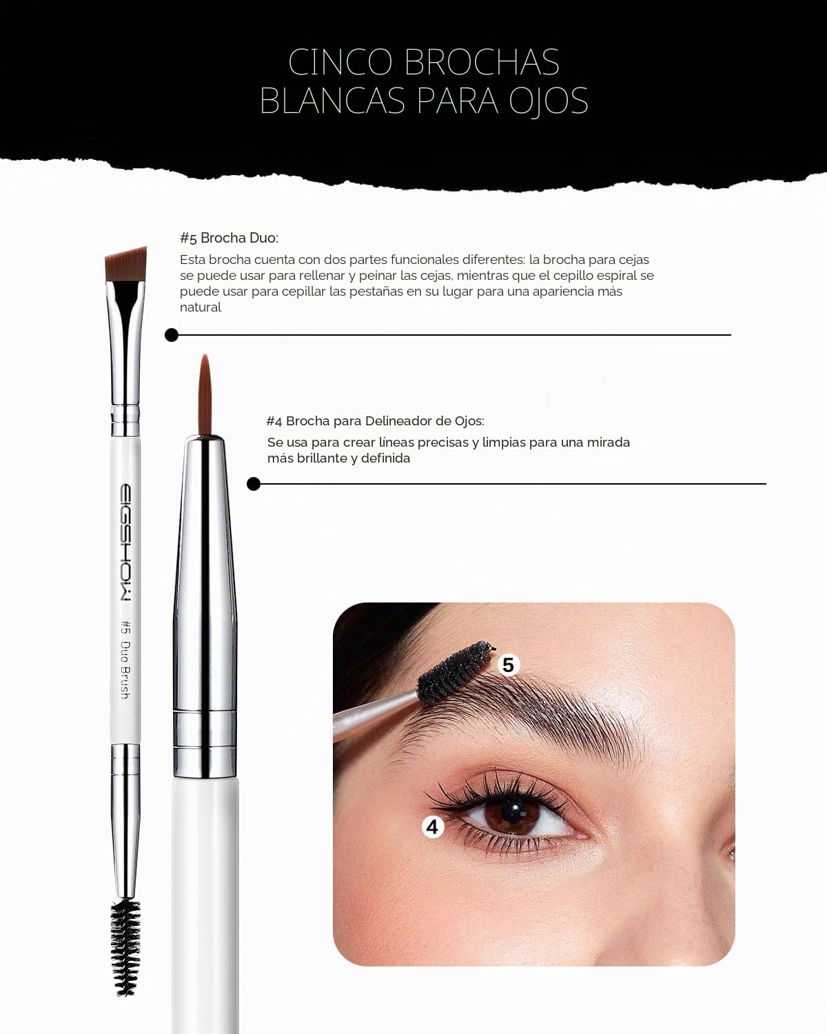 EIGSHOW Juego de 5 brochas para maquillaje de ojos, brocha para delineador de ojos, brocha para cejas, juego de brochas para sombra de ojos (blanco)