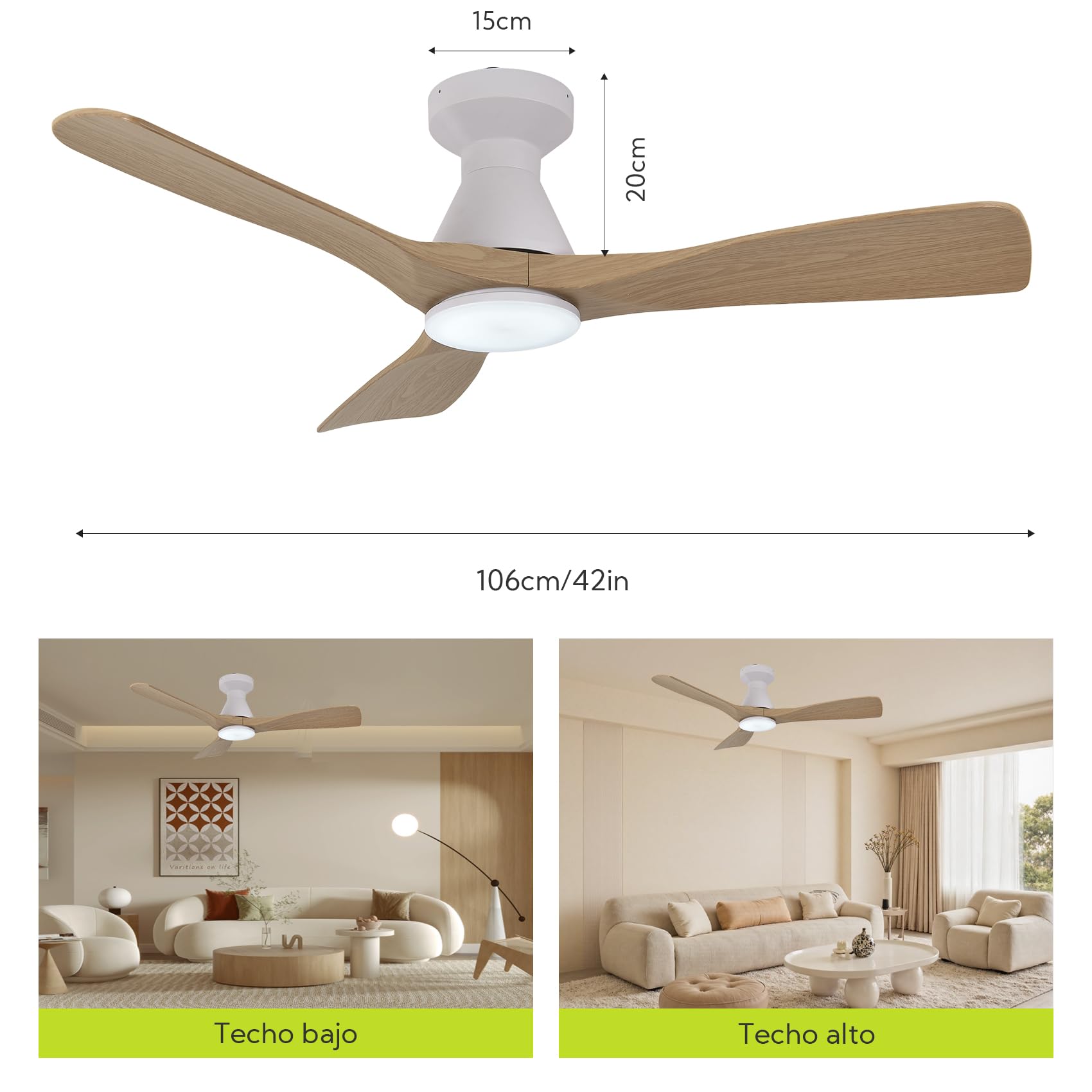 Ventilador de Techo con Luz LED 42" / 106 cm, Motor DC Silencioso 3 Aspas de Plástico Efecto Madera, 6 Velocidades, 3 Temperaturas(3000K-6000K), Función Inversa y Mando a Distancia,Efecto Madera