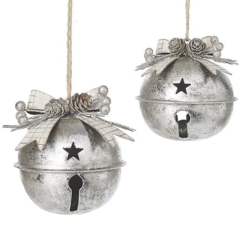 Heaven Sends Silver Set Of 2 Metal Round Bells Bauble Ornament Christmas Tree Decoration 9Cm Round