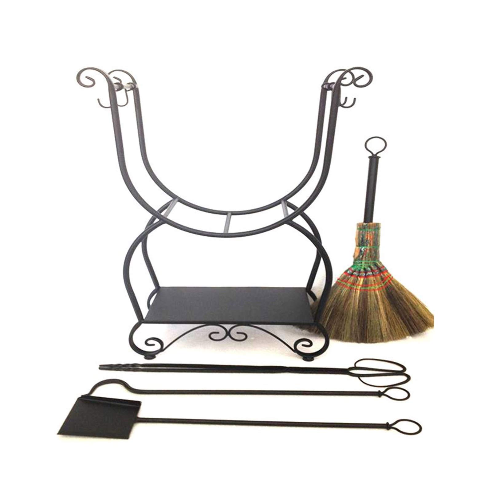 Set di Attrezzi per caminetto Vintage 5 Pezzi e Porta Legna, per focolare da Esterno per Interni, Spazzola per caminetto in Ferro battuto Resistente, Attrezzi da Poker, Pala e pinz