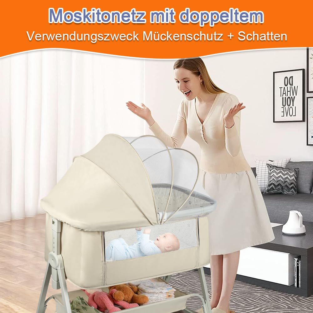 homewell Łóżeczko 2 w 1 dla niemowląt & kołyska, wózek dla niemowląt z moskitierą, 6-stopniowa regulacja wysokości i nachylenia, do domu i w podróży (kremowobiały)